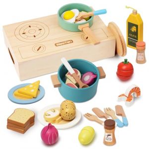 Smartwo Accessoire Cuisine Enfant, Dinette en Bois 2 3 4 5 Ans, 27PCS, Jouet Cuisine Bebe avec Casseroles, Poêles, Aliments à Découper, Jeux Imitation, Cadeau pour Filles Garçons (OuterFun, occasion)