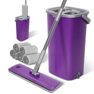 Zvonema Serpillière Seau Essoreur, Balai Serpillère Plat Rotatif 360° et Seau à 2 Compartiments, 2 en 1 Sceau Menage Essoreur avec 5 Tampons en Microfibre, Balais Serpillère Nettoyer Sol, Violet (Zvonema, neuf)