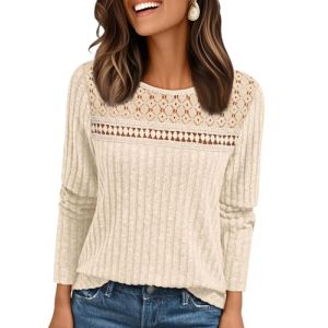 EIRUKON Pull Femme Chaud Manches Longues Tunique D&eacute;contract&eacute;s L&eacute;ger Sweatshirts Chic et Elegant Col Rond Pulls Automne Hiver Dentelle Haut Tops,Beige,XL (ARK-ai, neuf)