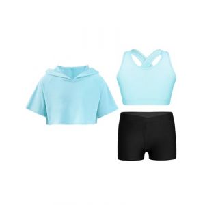 YEAHDOR Enfant Fille Ensemble Sport Justaucorps de Patinage Manches Courtes Sweat à Capuche + Brassière Sport + Short Gymnastique Fitness Running Sportswear 5-16 ans B Bleu clair 9-10 ans (YEAHDOR EU, neuf)
