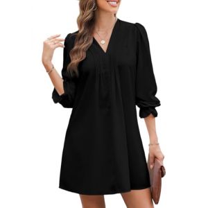 Dokotoo Robe Femme Chic et Elegant d'&eacute;t&eacute; Manches Longues Col en V Fluide L&eacute;g&egrave;re &agrave; Volants Casual de Plage Mini Robes Femmes Tunique Courte Printemps Ete D&eacute;contract&eacute;e V&ecirc;tements Noir XL (DOKOTOO-EU, neuf)