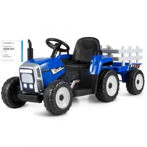 COSTWAY Tracteur avec Remorque Electrique pour Enfants 12 V avec T&eacute;l&eacute;commande 2,4G - 3 Vitesses avec Eclairage LED, Musique, Klaxon, Fonctions Audio USB et Bluetooth (Bleu) (FDS GmbH, neuf)