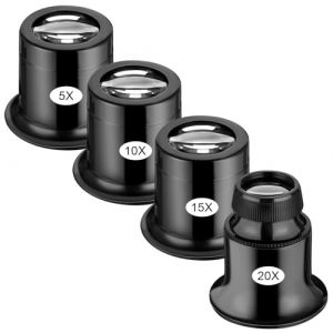 Lot de 4 loupes d'horloger de bijoutier - 5 x / 10 x / 15 x / 20 x - Loupe portable - Verre - Avec boucle en pierre pr&eacute;cieuse - Pour pi&egrave;ces de monnaie, diamants, timbres, montres, loisirs (SunnyClear, neuf)