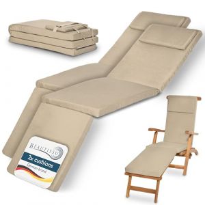 Beautissu Lot de 2 Coussin Bain de Soleil 175x45x5 cm Loftlux DC &ndash; Matelas Bain de Soleil Housse Amovible &ndash; Coussin Transat Exterieur Chaise Longue Nature (Brandvin, neuf)