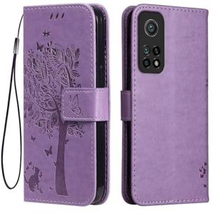 Topme &Eacute;tui en Cuir pour Xiaomi MI 10T 5G / Xiaomi MI 10T Pro 5G (6.67" inches), [ Coque Housse de T&eacute;l&eacute;phone Style Motif Chat Et Arbre] - Violet Clair (topme, neuf)