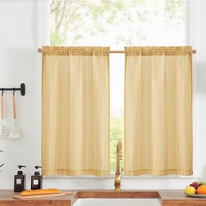 Vangao Lot de 2 rideaux brise-bise nautiques - Aspect lin à rayures - Rideaux courts - Modernes - Style bohème - Filtration de la lumière - Pour salon, salle de bain - 65 x 60 cm (l x H) - Jaune (Hangzhou Fangao, neuf)