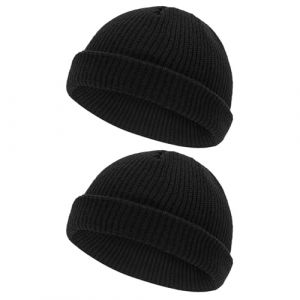 FUIPVGI 2 Pièces Bonnet de Trawler Watch Cap Chapeau, Brimless Beanie Hat Hiver, Fisherman Beanie, Rétro Marin Casquette, Crâne à Revers Bonnet de Pêcheur, Casquette de Baseball Unisex (Noir) (DONG YI, neuf)