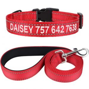 TagME Personnalisé Collier et Laisse pour Chien, Colliers en Nylon Brodé & 1,5M Double-Face Réfléchissant Laisse pour Chiot, Petit, Moyen, Grand Chiens (L:3.0x45-70cm (Lot de 1), Rouge) (TagMe, neuf)