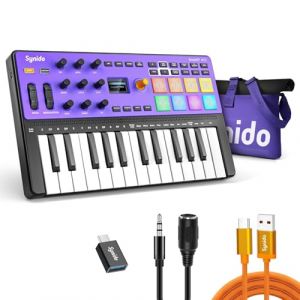 Synido TempoKEY W25 Clavier contrôleur MIDI USB C 25 touches Connexion sans fil rechargeable avec 8 pads RVB Velocity Écran OLED, MIDI In/Out/Thru, Clavier MIDI professionnel pour production musicale (Synido shop, neuf)