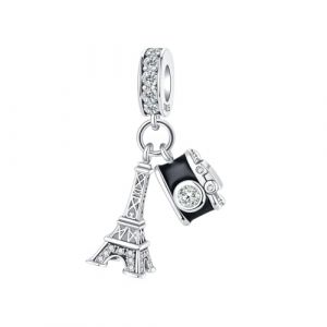 BIZK Charms Argent Sterling 925 Femmes Bijoux Pendentifs Compatible pour Bracelets Collier pour Les Mères, Les Amis, Les Amoureux (Tour Eiffel et Appareil Photo) (BLUISD, neuf)