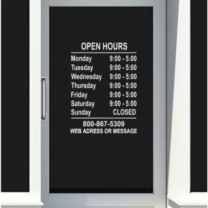 Autocollant horaires d'ouverture personnalisable – Sticker vitrine magasin en vinyle – Panneau heures d’ouverture pour porte ou vitre – Résistant UV et intempéries (Xtray Trade, neuf)