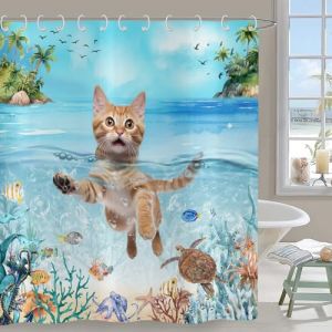 Hnmdmyi Rideau de Douche Dr&ocirc;le de Chat 240x180, Mignon Chaton nageant dans l'oc&eacute;an Bleu Tortue de mer &Eacute;toile de mer Tropicale Corail Enfants Rideau de Bain imperm&eacute;able Polyester Tissu Rideau de Bain (Hnmdmyi, neuf)