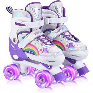 YUDOXN Roller Enfant Filles et Garçons. Roller Quad Enfant avec 8 Roues Lumineuses, Rollers Quad Ajustable Taille Réglable (31-42) pour Roller Enfant Fille et Garçons. (S, Purple) (zhiduoduo, neuf)