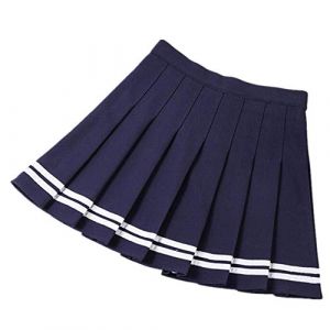 Black Sugar Rétro Jupe Rayure Écolière Bleu Uniforme Marine Noir Basique Plissée Patineuse Fille Femme Élastique Courte Midi Jupe Matière Épais Solide (Bleu Foncé, M) (BLACK SUGAR PARIS, neuf)