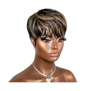 perruque femme naturelle Perruque courte en cheveux humains, perruque entièrement fabriquée à la machine, perruque courte coupe Pixie avec frange perruque femme (fubinbinbaihuo, neuf)