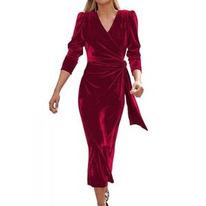 Tomwell Robe Femme Manches Longues Sexy Col V Robe de Cocktail Soir&eacute;e Affaires Vintage Slim Velours Robe Longue Couleur Unie Robe De Soiree A Rouge L (Joke and I, neuf)
