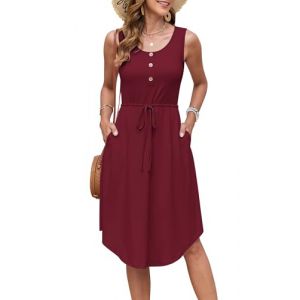 AUSELILY Robe ete Femme sans Manches avec Cordon de Serrage Robe de Plage col Rond Longueur Genou Robe Mi-Longue Robe Élégante et Décontractée avec Poches Vin Rouge 2XL (AUSELILY FASHION, neuf)