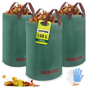 GIOVARA 3 x 120L Sacs à déchets de jardin robustes, Sac à feuilles, Sacs de jardin réutilisables avec poignées pour les déchets de jardin et pliable pour le traitement des feuilles dans le jardin (JeuneDora, neuf)