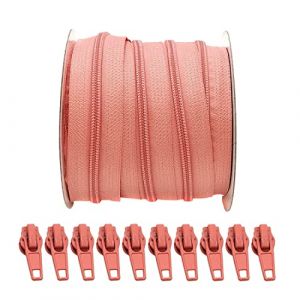 25 M&egrave;tres Rouleau de Fermeture &Eacute;clair Continue en Nylon + 10 Curseurs Automatiques en M&eacute;tal 5#, fermeture &eacute;clair pour coudre des v&ecirc;tements, fermeture &eacute;clair au m&egrave;tre, corail 406, 25 m&egrave;tres +10 C (J Y C, neuf)
