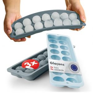 Blumtal Lot de 3 bacs &agrave; gla&ccedil;ons en silicone - 14 bacs &agrave; gla&ccedil;ons avec couvercle - Moule &agrave; gla&ccedil;ons en silicone sans BPA - Moule &agrave; gla&ccedil;ons rond en silicone - Machine &agrave; gla&ccedil;ons - Gris bleu + gris bleu + (Everbrent, neuf)