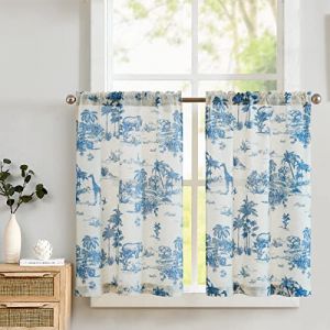 TOPICK Lot de 2 65 x 60cm (L x H) Rideaux Cuisine Imprimé Plantes Animaux Lin Bleu Vintage Filtrage de la Lumière Brise-bise Court Exterieur Terrasse Petite Fenêtre Placard (Audrey Home Fashion, neuf)