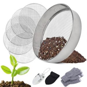 Tamis de Jardin en Acier Inoxydable,5 en1 Tamis Jardin Rond 20 cm,avec 5 Tamis Interchangeables Ø 3,6,9,10,12 mm,Tamis de Jardin Rond,Tamis à Compost pour Terre, Compost, Semences (RUNYI store, neuf)