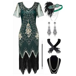 BABEYOND Robe à manches courtes pour femme années 1920 - Style Gatsby Gatsby - Costume de fête à thème, Ensemble - Vert foncé, S (BABEYOND  FR, neuf)