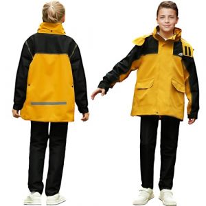 Domueay Fille Garçon Imperméable et Réfléchissante, Unisexe Léger Enfants Manteau Veste de Pluie et Pantalon Combinaison, Extérieur Randonnée Vêtements de Pluie Ensemble pour 8-9 Ans, Jaune (Bluesaly, neuf)