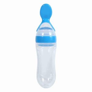 1Pc 90mL Silicone B&eacute;b&eacute; Nourriture Distribution Cuill&egrave;re Silicone B&eacute;b&eacute; Toddler Biberon avec Cuill&egrave;re Aliments Frais C&eacute;r&eacute;ales Squeeze Feeder Chaud pour Enfants Tout-Petits Gar&ccedil;ons Fille(bleu) (Fosdave-EU, neuf)