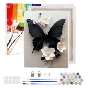 AIRDEA Papillon Peinture Numero Adulte, Fleur Blanche DIY Kit Activit&eacute; Manuelle Peinture Acrylique, Peinture par Numero Adulte avec Pinceaux et Acryliques pour la D&eacute;coration Maison 30x40 cm (Encadr&eacute;e) (AIDIYA Direct, neuf)