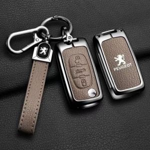 QYPLKJHG Coque de Clé de Voiture pour Peugeot RCZ 2010-2013, Housse de Protection Coque Clé avec Porte-Clés Coque Boîtier Clef de Telecommande Cuir Étui de Clé Carte Auto Accessoires,D-Beige 1 (DONGSENSHANGMAODIAN, neuf)