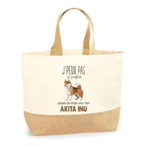 Sac Cabas de Plage Chien Passer du Temps | Toile de Jute Coton Courses Idée Cadeau Personnalisé Proprietaire du Chien (Akita Inu) (PLANETEE, neuf)