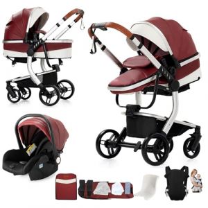 Nine point nine Cuir PU Poussette 3 en 1, Poussette Bebe avec Double Modes de Poussée Réversibles, Poussette Canne avec Grande Nacelle Confortable, Pousettes Cadre Aluminium Haute Paysage (L518 Red) (Kaiwen baby products, neuf)