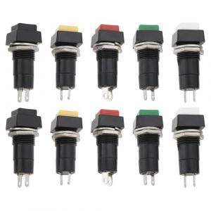 YINETTECH 10pcs 12mm Interrupteur &agrave; Bouton-poussoir Carr&eacute; Momentan&eacute; SPST Interrupteur &agrave; Bouton-poussoir Momentan&eacute; 250V/3A pour l'&eacute;lectronique Automobile Noir Blanc Jaune Vert Rouge (E-NETTECH, neuf)