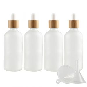 PQPAUTY 4 Pi&egrave;ces 100ml Flacons en Verre Transparent Mat avec Pipettes, 100 ml Bouteilles Compte-gouttes en Verre Vides avec Bouchon &agrave; Vis Bambou Pour Les Huiles Essentielles Aromath&eacute;rapie (BEAUTYVALLEYEU, neuf)