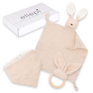 Ellepi Coffret Cadeau bébé en Coton Bio Doudou + Bavoir + Masseur de gencives (Beige) (Bo.MA., neuf)
