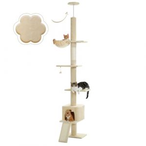 PAWZ Road Arbre à Chat du Sol au Plafond Hauteur Réglable 216-273 cm, Multi-Plateforme avec Hamac, Griffoir, Condo & Ceinture Anti-Chute, Beige (Johnson SY, neuf)