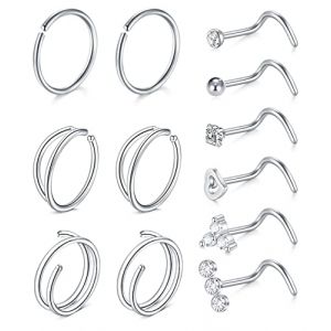 WillTen 20G Piercing Nez en Tire-Bouchon Femme Piercing Septum Boucle Argent Coeur Acier Inoxydable Piercing Nez Double Boucle Diamant CZ 12Pièces (DongQiu Jewelry, neuf)