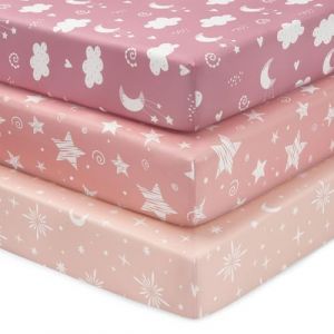 FIEMOL Drap Housse 70 x 140 cm, Lot de 3 Microfibre Ultra Douce et Lisse &Eacute;lastique sur Tout Le Tour - pour Matelas de Lit B&eacute;b&eacute; et Lit Enfant, &Eacute;toiles Roses (FUJU-EU, neuf)