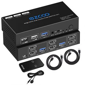 Commutateur KVM 8K 60Hz 4K 120Hz HDMI 2.1 Double moniteur USB 3.0 2 ports avec Hotkey 48Gbps HDCP2.3 2x HDMI Extended Display Partager 2 PC avec un clavier Mous HDR D-olby Vision VRR IR T&eacute;l&eacute;commande (ezcoo HITECH, neuf)