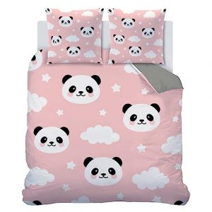 Linfye Housse de Couette 200 x 220 Adulte Panda Parure de Lit 2 Personnes Microfibre Housse de Couette avec Fermeture &eacute;clair + 2 Taie d'oreiller 65x65cm (Rose) (Linfye Maison Confortable, neuf)
