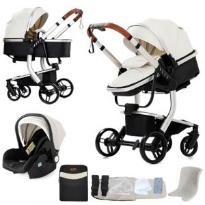 Nine point nine Cuir PU Poussette 3 en 1, Poussette Bebe avec Double Modes de Poussée Réversibles, Poussette Canne avec Grande Nacelle Confortable, Pousettes Cadre Aluminium Haute Paysage (B518 White) (Kaiwen baby products, neuf)