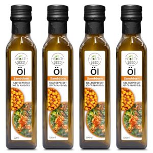 Health Seed&reg; 4 x 100 / 400 ml &ndash; Huile d'argousier non filtr&eacute;e &ndash; Bouteille en verre 100 % pure press&eacute;e &agrave; froid &ndash; Fra&icirc;cheur du fabricant (Primegarden, neuf)