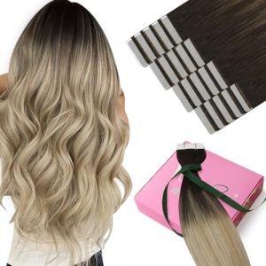 YoungSee Extension Adhesive Ombre Blond Extension Cheveux Naturel Adhesif Marron Foncé à Blond Doré Avec Blonde Platine Bande Adhesive Extensions Balayage Tape in Hair Extensions Human Hair 50g 20pcs (YoungSee Europe, neuf)