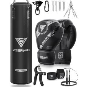 ASBRAVO Sac de Frappe pour Adultes, 120 cm PU Lourd Sac de Boxe Ensemble Gants 12 oz pour MMA, Muay Thai, Kickboxing, entraînement à Domicile, Arts Martiaux (Non rempli) - Noir (ASBRAVO, neuf)