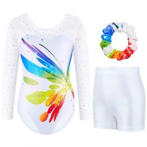 Boteria Justaucorps de Gymnastique pour Filles Trois Pi&egrave;ces Maillots de Gymnastique Gymnastique &agrave; Manches Longues avec Short et Bandeau Justaucorps de Danse (Blanc-manches longues, 7-8 ans) (AYHPKJ, neuf)