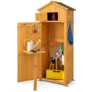 GOPLUS Abri de Jardin en Bois de Sapin pour Extérieur, 75 x 50 x 180,5 CM Cabane à Outils avec Porte Verrouillable, 3 Étagères Amovibles, Table Pliable, Crochets, avec Toit en Asphalte, Naturel (Augenstern24, neuf)