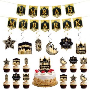 Omra Mubarak, 49 Pi&egrave;ces Umrah Mubarak D&eacute;coration, Banni&egrave;res, Omra Mubarak Decoration Gateau, Vortex Suspendus,Noir Et Dor&eacute; D&eacute;coration Ramadan,Convient Aux F&ecirc;tes Islamiques Et Aux Activit&eacute;s Musulmanes (ZIDUO, neuf)