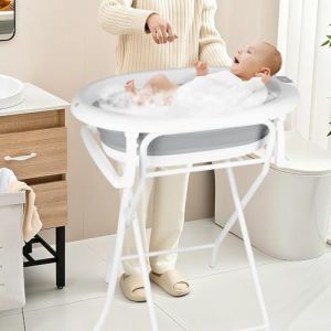 Baignoire Pliable B&eacute;b&eacute; avec Support en Acier, Si&egrave;ge de Bain Ergonomique, Support de Douche et Tuyau de Vidange - Baignoire Pliable sur Pied - 0-2 Ans (Gris, 81x47x90 cm) (hlang EU, neuf)