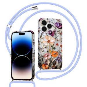 Xylota Coque pour iPhone 16 Pro avec Cordon, Aesthetic Fleur Automne Motif Etui avec R&eacute;glable Collier Corde, Silicone Protection Portable Lanyard Antichoc Housse Case pour iPhone 16 Pro 6,3'', Violet (AMCREST HOLDINGS, neuf)